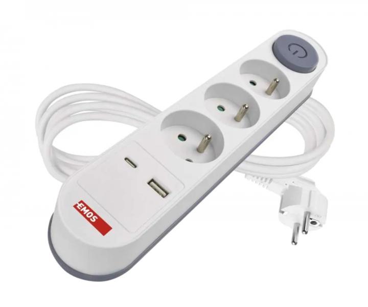 Predlovac kbel Emos P1312PD, 3x zsuvka, 1x USB-A, 1x USB-C, biely, 2 m