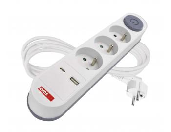 Predlovac kbel Emos P1312PD, 3x zsuvka, 1x USB-A, 1x USB-C, biely, 2 m