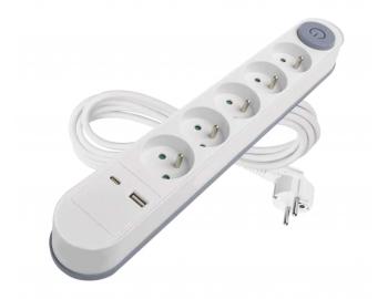 Predlovac kbel Emos P1513PD, 5x zsuvka, 1x USB-A, 1x USB-C, biely, 3 m