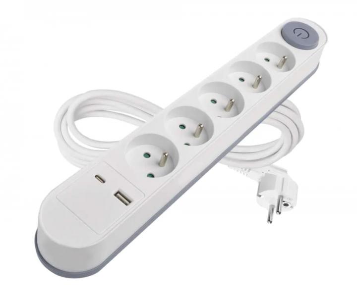 Predlovac kbel Emos P1513PD, 5x zsuvka, 1x USB-A, 1x USB-C, biely, 3 m