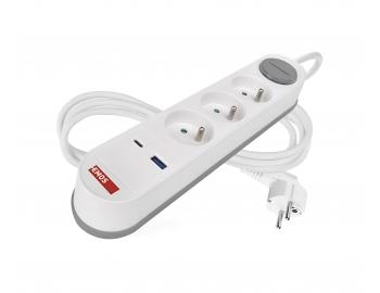 Predl�ovac� k�bel Emos P1312FC, 1,5 mm2, 3x z�suvka, 1x USB-A, 1x USB-C, vyp�na� - 2 m