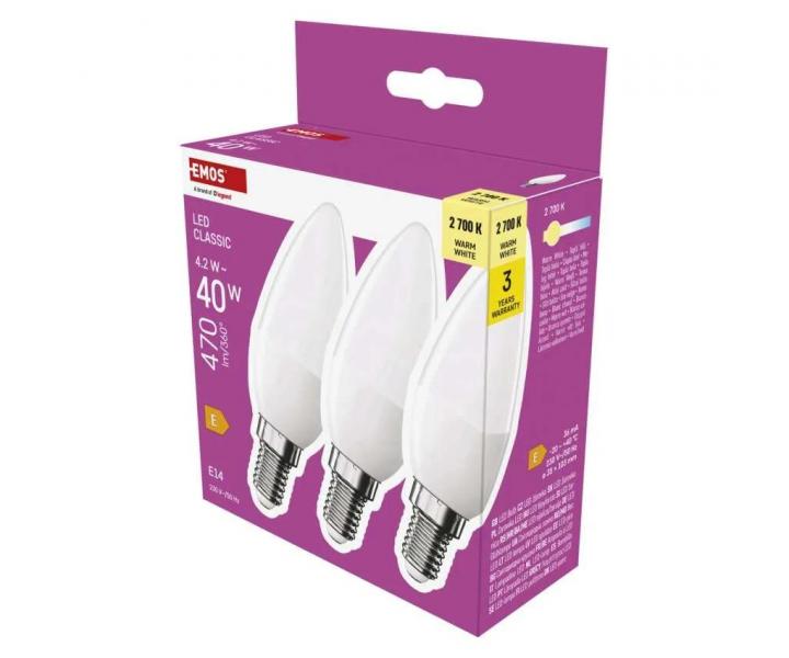 LED iarovka svieka Emos Classic ZQ3E21.3, E14, 4,2 W (40 W), tepl biela - 1 ks