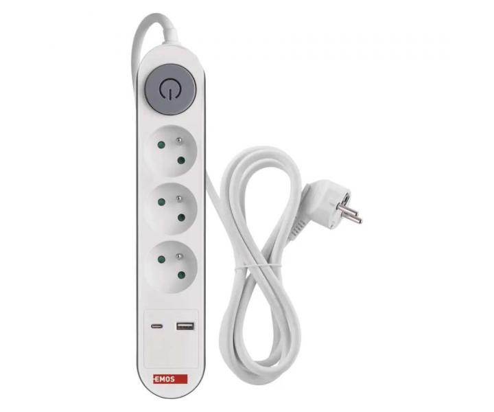 Predlovac kbel Emos P1312PD, 3x zsuvka, 1x USB-A, 1x USB-C, biely, 2 m