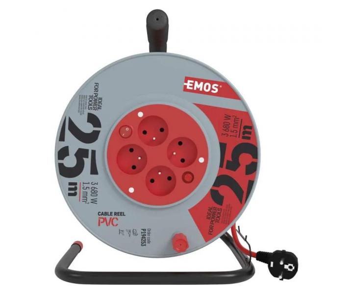 Predlovac kbel na bubne Emos P194253, 4x zsuvka, 230 V, 1,5 mm2, erven, 25 m