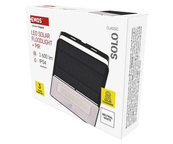 Solrny LED reflektor s pohybovm senzorom Emos Solo ZG122S, IP54, 1600 lm, ierny - neutrln biela
