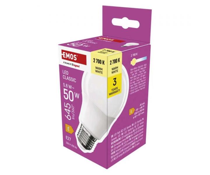 LED iarovka Emos Classic A60, E27, 5,8 W (50 W), tepl biela
