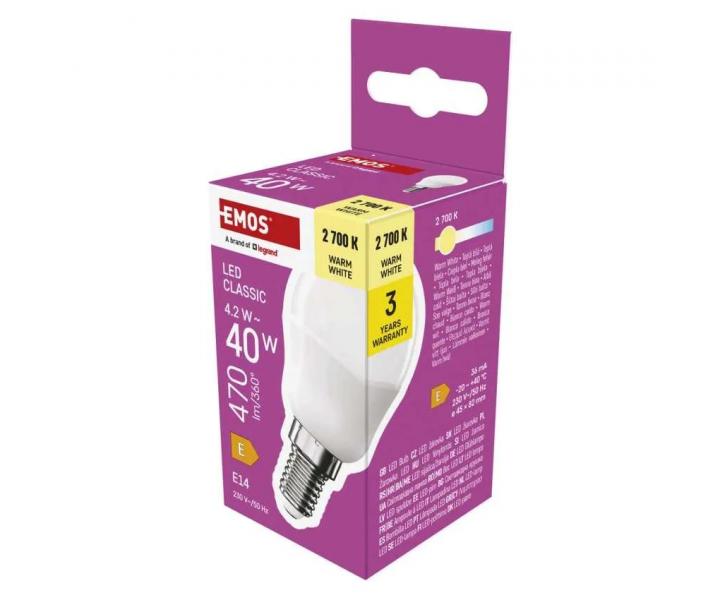LED iarovka Emos Classic Mini Globe, E14, 4,2 W (40 W), tepl biela