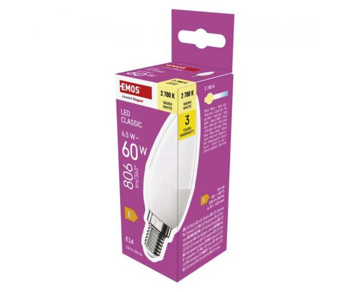 LED iarovka svieka Emos Classic E14, 6,5 W (60 W), tepl biela