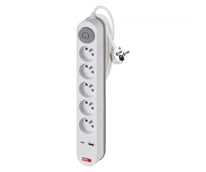 Predlovac kbel Emos P1513PD, 5x zsuvka, 1x USB-A, 1x USB-C, biely, 3 m