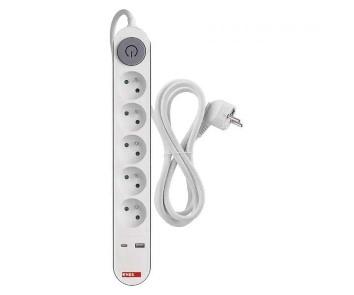 Predlovac kbel Emos P1513PD, 5x zsuvka, 1x USB-A, 1x USB-C, biely, 3 m